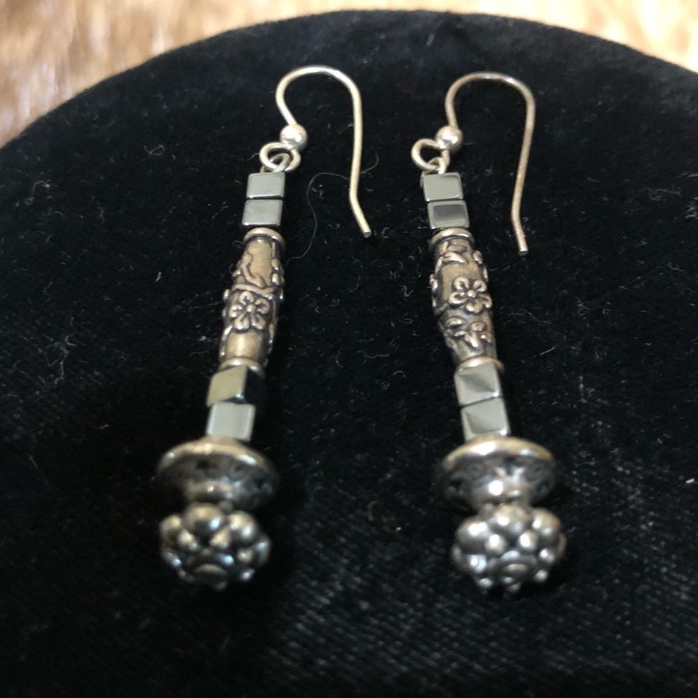 Floral Metal Embossed Silver Tone Black Square Beads Fish Hook Earrings